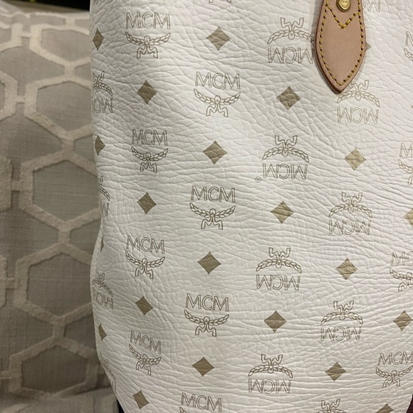 MCM White Canvas Monogram Tote with Brown Leather Trim and Yellow-Black Stripe - Picture 6 of 7